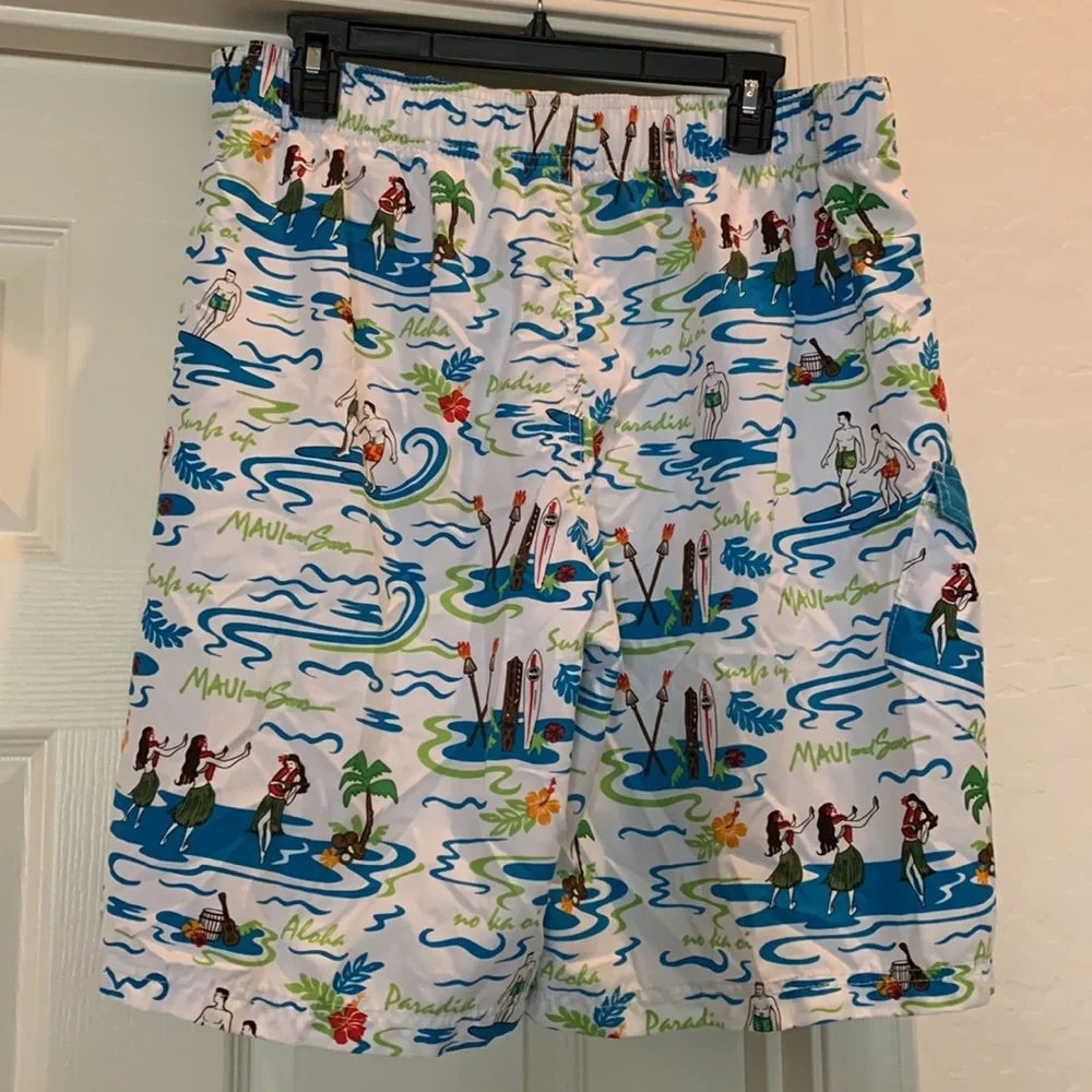 Maui & Sons Paradise Surf Up Hawaii Mens Swim Trunks shorts Hula Girl Dancers 36